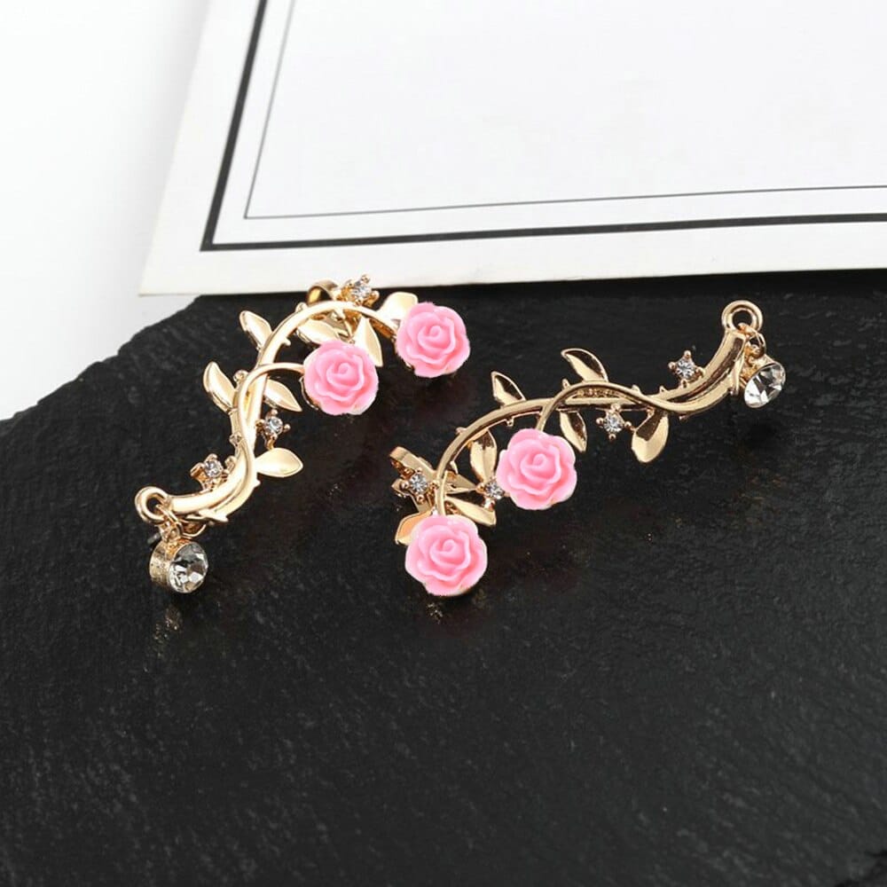 New Fashion Rose Leaf Flower Ear Stud Cuff Earring Lady Gold Pink Women Jewelry Pendientes Princesas Boucle D'oreille Cristal