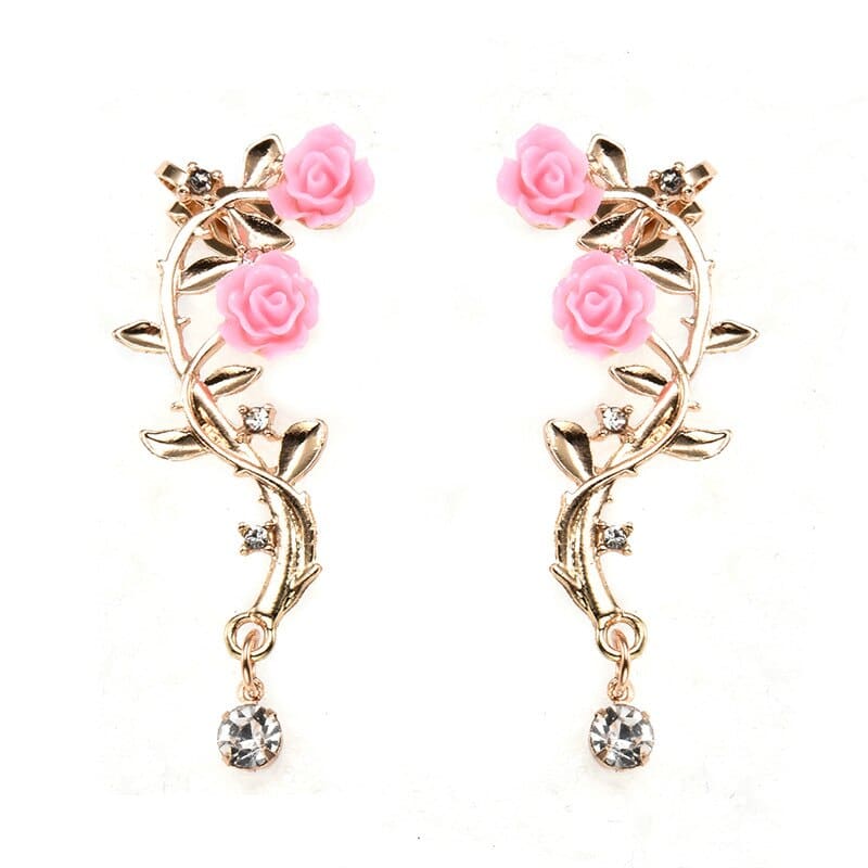 New Fashion Rose Leaf Flower Ear Stud Cuff Earring Lady Gold Pink Women Jewelry Pendientes Princesas Boucle D'oreille Cristal