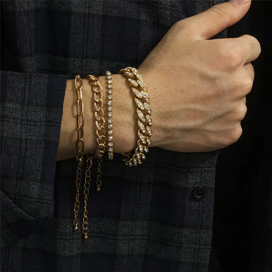 4Pcs/Set Luxury Shiny Rhinestone Bracelets Set Bangle Women Men Adjustable Clear Crystal Chunky Link Charm Bracelet Hand Jewelry