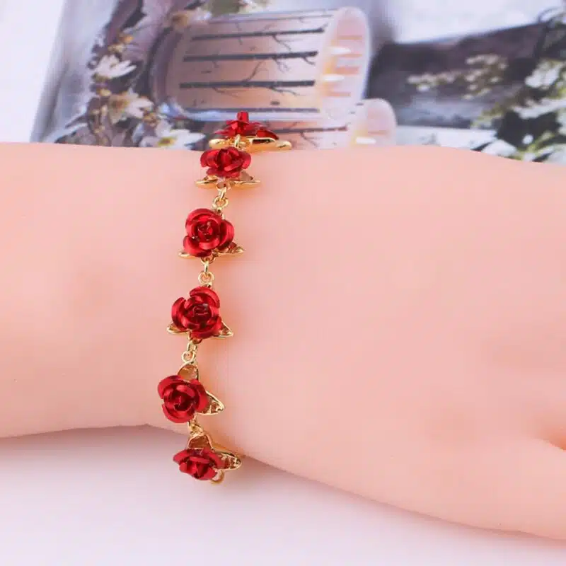 22cm Rose Gold Color Link Chain Romantic Bracelet Red Enamel Rose Jewelry Valentine Gift For Lover Women's Hand Bracelet браслет