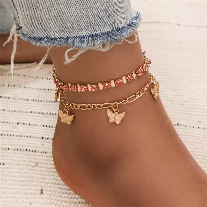 Ankle Bracelet Gold Color Chain 2022 Jewelry Boho Beads Key Butterfly Charm Anklet Set For Women Accessories